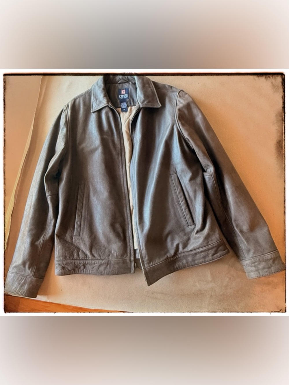 Chaps Brown Leather Jacket Men’s Medium Minimalist Classic Zip Up